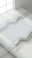 Modern white geometric podium display with angular steps and gold accents in minimalist studio setting for product presentation and branding showcase.