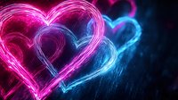 Glowing neon hearts in pink and blue colors with light trails effect against dark background, romantic love concept for Valentine's day and wedding designs.