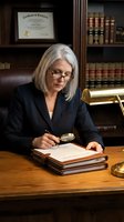 Senior female lawyer examining legal documents with magnifying glass in traditional law office with certificate and law books on shelves.