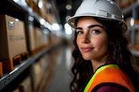 Hispanic female warehouse worker wearing safety helmet and high visibility vest smiling confidently in modern distribution center with storage racks background.