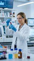 Female scientist in white lab coat and protective gloves examining blood sample in modern laboratory setting with equipment and monitors for medical research and healthcare applications.
