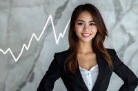 Young Asian businesswoman in black suit smiling confidently against marble wall with growing chart line, representing success and professional achievement in corporate world.