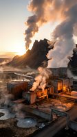 Dramatic volcanic eruption with lava flows destroying industrial facility at sunset creating apocalyptic scene with smoke and fire for disaster concepts.
