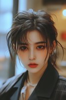 Young Asian woman with messy updo hairstyle wearing blazer and bright orange lipstick against blurred background, dramatic portrait with intense gaze and modern style.