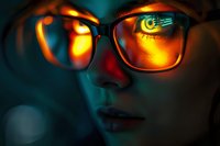 Close up portrait of young woman wearing glasses with glowing reflection in dark environment, dramatic neon lighting creates mysterious cyberpunk atmosphere.