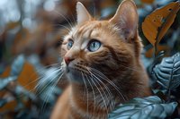 Close-up portrait of ginger cat with bright blue eyes looking up among autumn leaves. Natural outdoor setting creates dramatic mood for pet photography.