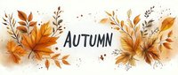 Watercolor autumn composition with orange maple leaves, branches and hand lettering word on white background. Seasonal fall decoration design.