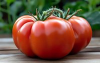 Fresh ripe red tomatoes on wooden surface with green foliage background for cooking and healthy eating concepts.