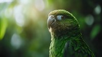 Vibrant green parrot portrait with detailed feathers and curved beak against natural bokeh background, showcasing exotic bird's majestic profile in soft lighting.