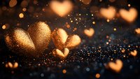 Glowing golden hearts with sparkles and bokeh effects on dark background create romantic atmosphere for Valentine's Day cards and love-themed designs.