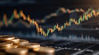 Golden coins stacked on laptop keyboard with financial trading charts and candlestick patterns on screen showing market analysis and investment data.