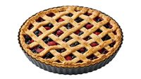 Homemade berry pie with golden lattice crust and red fruit filling in metal tart pan, ready for baking or serving at bakery, cafe, or home kitchen.