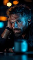 Dramatic portrait of bearded man with intense gaze in moody lighting with orange and blue color contrast, hand near forehead showing contemplative expression.