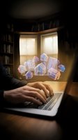 Digital real estate concept with glowing house icons floating above laptop in cozy library setting for property technology and online housing market.