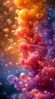 Magical abstract background with floating transparent bubbles and colorful smoke waves in orange, pink and purple hues creating dreamy atmospheric effect.