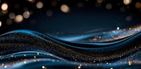 Elegant dark waves with glowing golden particles and blue light trails create dynamic flowing motion against black background. Abstract luxury design element.