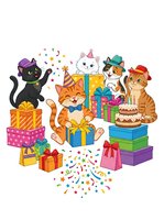 Cartoon cats celebrating with colorful gift boxes, party hats, cake, and confetti on white background. Isolated clipart for birthday invitations, greeting cards, children's designs, and festive decorations.