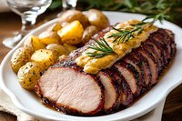 Sliced roasted pork tenderloin with herbs and spices served alongside golden roasted potatoes and fresh rosemary garnish on white plate, close-up food photography.