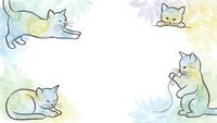 Cute cats in different poses on pastel watercolor background with white space for text. Playful kittens sleeping, stretching and sitting frame design.
