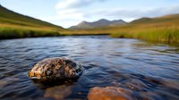 Solitary rock in flowing mountain stream water with soft focus background of hills and grassland creates serene wilderness landscape scene.