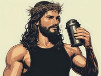 Modern Jesus wearing black tank top holds coffee cup, crown of thorns on head, muscular build and beard, contemporary religious art style illustration.