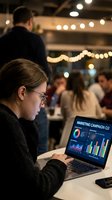 Young woman with glasses and dark hair wearing black clothing analyzes marketing campaign data on laptop at corporate event with warm string lights and colleagues networking in background.