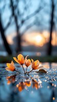 Orange spring flowers reflecting in water puddle at sunset with blurred forest background and sparkling water drops, creating magical nature atmosphere.
