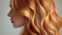 Young Caucasian woman with luxurious wavy copper blonde hair in profile view showcasing professional salon styling and hair color techniques.