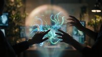 Hands creating magical blue energy lightning between palms with glowing orb background in mystical fantasy setting for supernatural concepts.