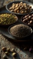 Assortment of organic grains, legumes and seeds in rustic ceramic bowls on wooden surface, ideal for healthy cooking and plant-based recipes.