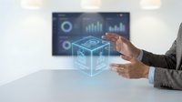 Businessman hands presenting holographic data cube with analytics charts and graphs in modern office environment for technology presentations.