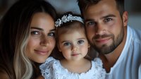 Happy young family portrait with parents and toddler daughter in white outfits smiling together at home for lifestyle photography and parenting content.