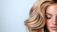 Young woman with closed eyes and flawless skin showcasing professional blonde balayage hairstyle with soft waves against light background. Makeup and beauty concept.