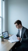 Young professional businessman in suit analyzing financial reports and data charts at modern office desk with laptop for business strategy planning.