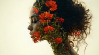 Double exposure profile of young African American woman with natural curly hair merged with blooming red chrysanthemums against light background.