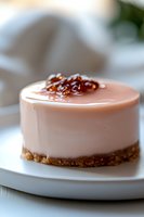 Mini pink mousse dessert with caramel crunch topping and cookie crust base served on white plate, close-up view showing smooth texture and layered composition.