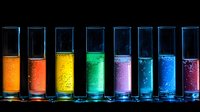 Colorful test tubes with glowing liquid chemicals in rainbow spectrum arrangement on black background, scientific laboratory glassware with bubbling solutions.