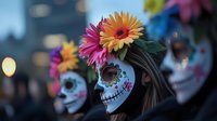 Colorful Day of the Dead sugar skull makeup with bright gerbera daisy flower crown against blurred background. Traditional Mexican celebration face paint design.