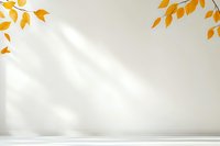 Minimalist autumn scene with golden yellow leaves casting shadows on white wall, natural sunlight creating soft patterns, clean modern interior background.