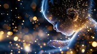 Young woman in profile with magical glowing sparkles and bokeh lights creating dreamy atmospheric effect against dark background. Ethereal fantasy portrait.