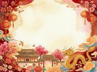 Lunar new year celebration frame with red lanterns, pink peonies, traditional architecture, and golden dragon ornaments on cream background for festive greeting cards and event designs.