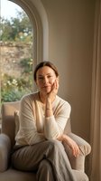 Relaxed middle-aged woman sitting by arched window in cozy beige sweater, natural lighting creating warm atmosphere for lifestyle and wellness content.