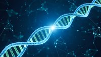 Glowing DNA double helix structure with molecular connections on dark blue background for genetic research and biotechnology applications.