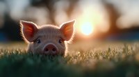 Curious piglet peeking through grass at sunset, backlit by golden sunlight creating magical atmosphere in countryside farm setting. Adorable baby pig portrait.