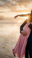 Romantic couple dancing on beach at golden sunset with warm ocean waves and dramatic cloudy sky creating intimate moment for wedding or engagement celebration.