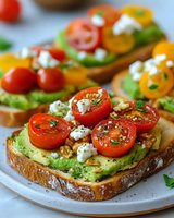 Avocado toast topped with cherry tomatoes, crumbled feta cheese, chopped walnuts and fresh herbs on rustic bread. Fresh healthy breakfast or lunch option.