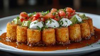 Crispy potato croquettes arranged in circle topped with fresh mozzarella, diced tomatoes, avocado and herbs in spicy sauce on white plate. Restaurant appetizer.