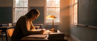 Young woman student studying at wooden desk in warm sunlit classroom with vintage lamp and books during golden hour academic learning session.