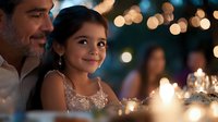 Adult male with dark hair and facial hair, Caucasian ethnicity, and young girl with dark hair, Hispanic ethnicity, enjoying an elegant evening celebration together with twinkling lights and festive decorations in background.