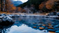 Tranquil hot spring pool with steam rising from blue water surface, surrounded by autumn trees and mountain landscape in background, rocks in foreground.
